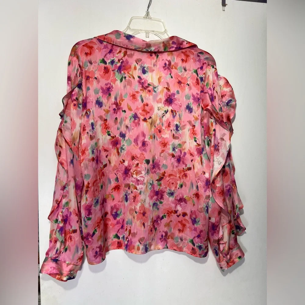 NWT ZARA pink floral print ruffled blouse size L - Picture 10 of 12